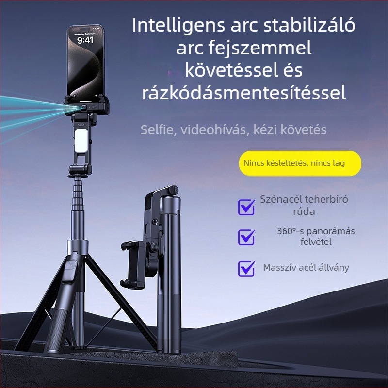 Hordozható integrált gimbál arcfelismeréssel, rezgéscsillapítással, mobiltelefonhoz, Bluetooth távirányítóval, padlóra álló állvány