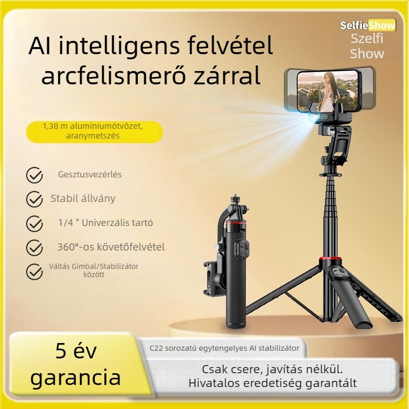 Bluetooth szelfi pálca háromlábú állvánnyal, telefon-tartóval, gimbállal és rezgéscsillapító stabilizátorral, kiterjeszthető