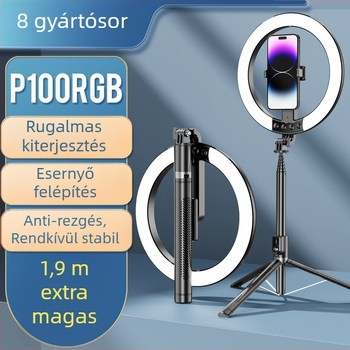 P100RGBA Selfie pálca világítással, alumínium ötvözet, Bluetooth távirányító, telefon stabilizátor, háromlábú állvány