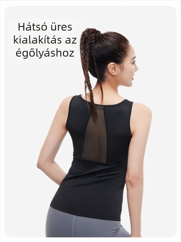 Jóga felső hálós hátú, légáteresztő, gyorsan száradó anyagú, poliészter-spandex (82,5%/17,5%), női fazon, szorosan illeszkedő