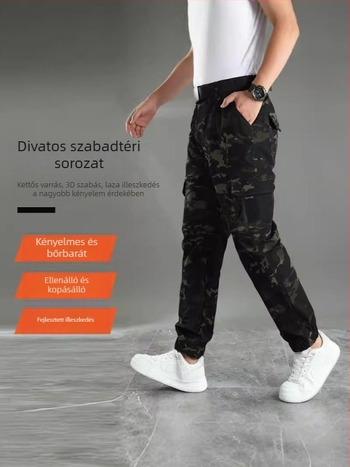 Férfi stretch kamufláž munkásnadrág, több zsebbel, szakadásálló, poliészter
