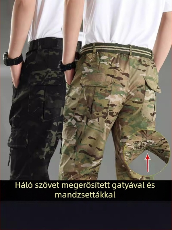 Férfi stretch kamufláž munkásnadrág, több zsebbel, szakadásálló, poliészter