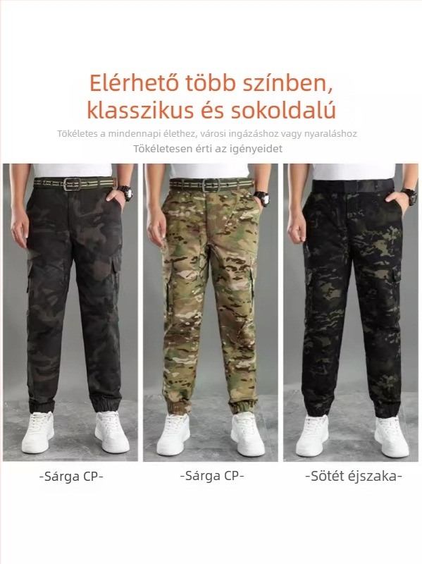 Férfi stretch kamufláž munkásnadrág, több zsebbel, szakadásálló, poliészter