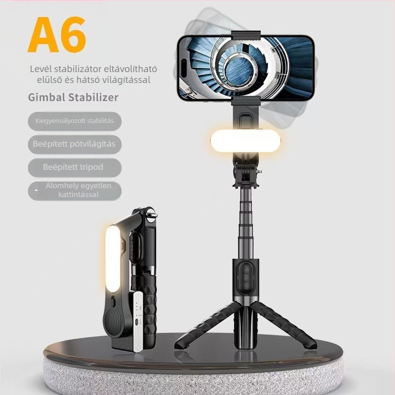 A6 egytengelyes gimbal stabilizátor okostelefonhoz, Bluetooth, összecsukható selfie bot, rezgésmentesítés, LED világítás