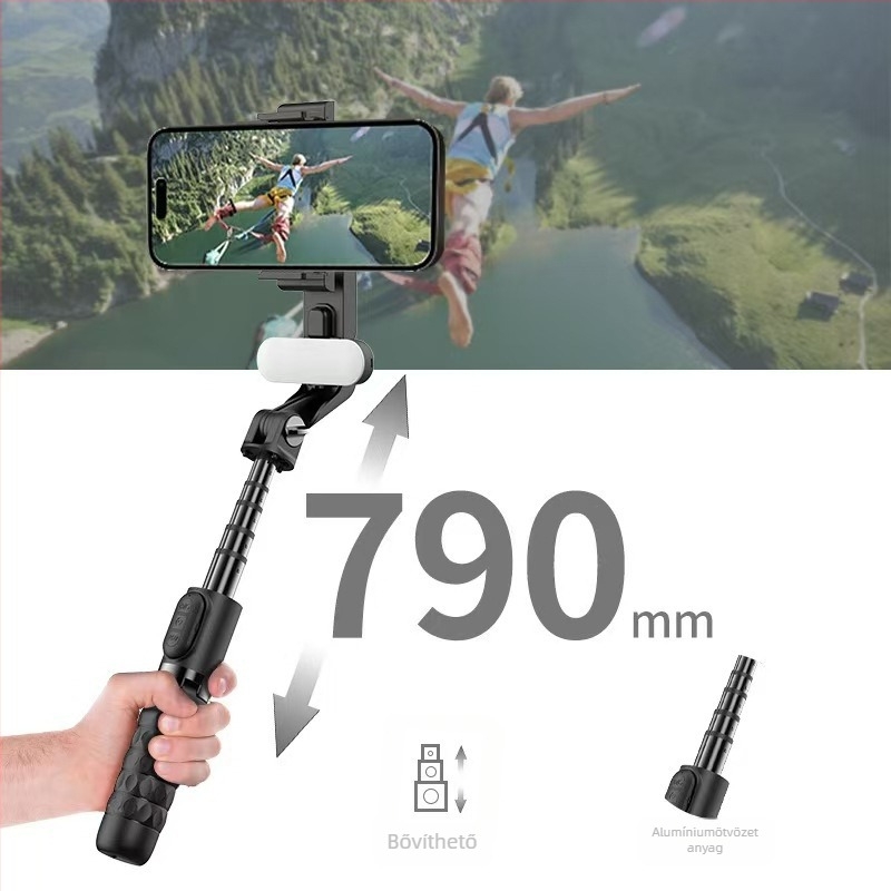 A6 egytengelyes gimbal stabilizátor okostelefonhoz, Bluetooth, összecsukható selfie bot, rezgésmentesítés, LED világítás