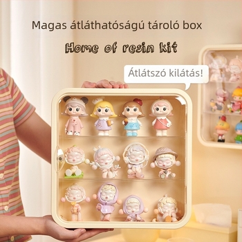 Figurák tároló doboza — falra szerelhető, porálló, kétfunkciós kiállítási szekrény babáknak; PET műanyag, 1 L kapacitás