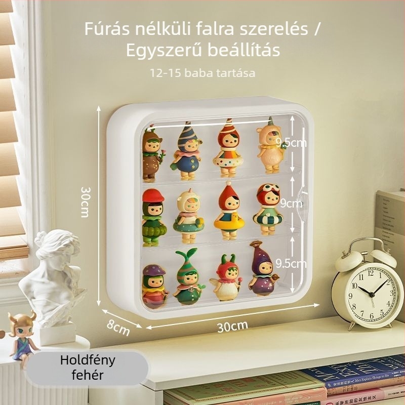 Figurák tároló doboza — falra szerelhető, porálló, kétfunkciós kiállítási szekrény babáknak; PET műanyag, 1 L kapacitás