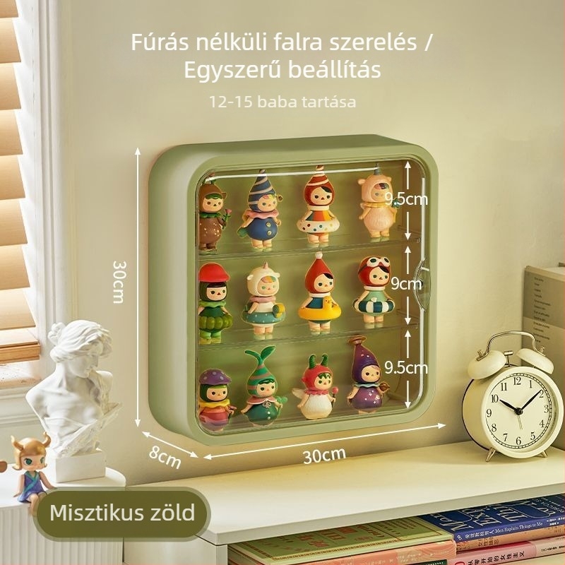Figurák tároló doboza — falra szerelhető, porálló, kétfunkciós kiállítási szekrény babáknak; PET műanyag, 1 L kapacitás