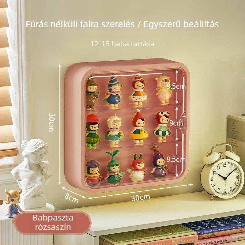 Figurák tároló doboza — falra szerelhető, porálló, kétfunkciós kiállítási szekrény babáknak; PET műanyag, 1 L kapacitás
