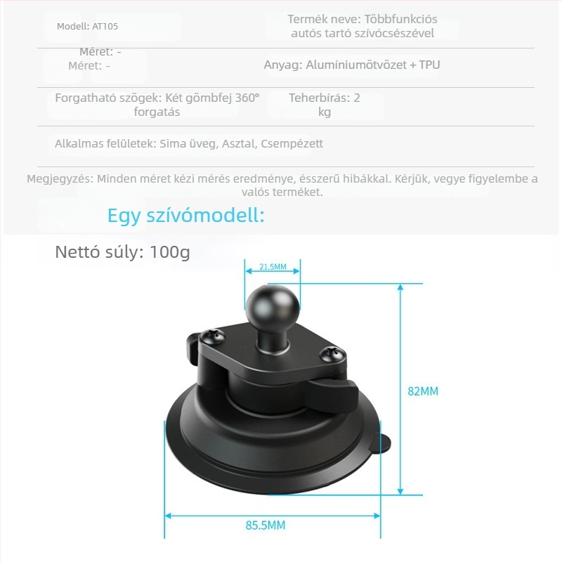 Weijiesi Univerzális autós telefontartó vákuumos alap és golyófej, anyag: műanyag + alumíniumötvözet