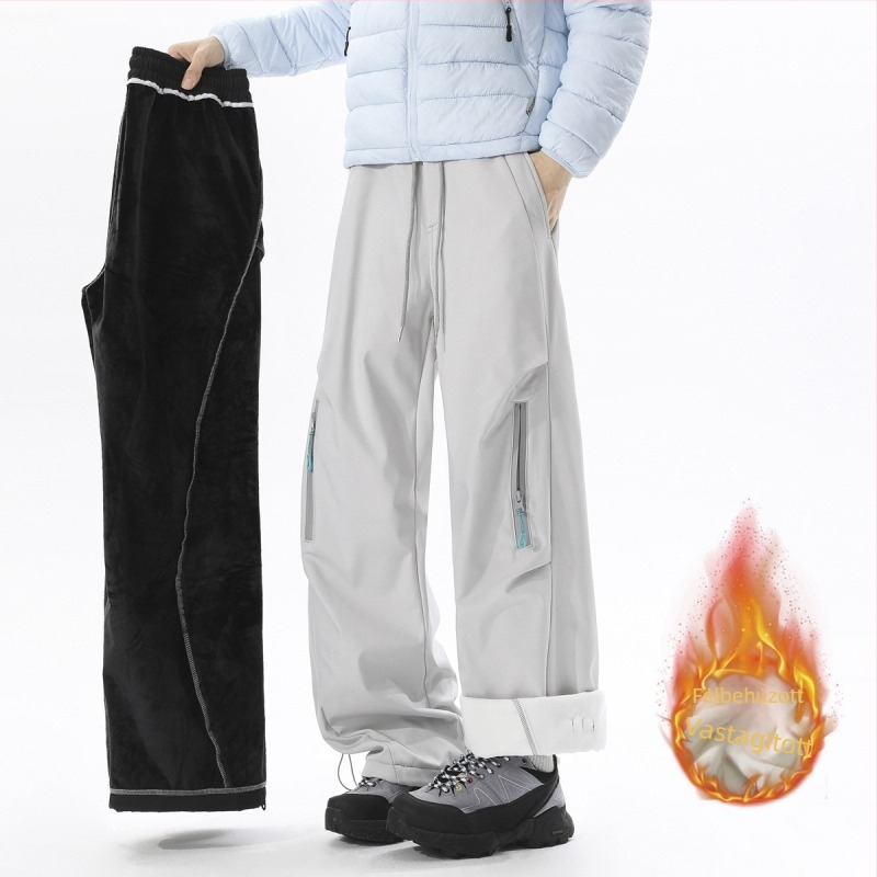 Férfi straight cargo nadrág fleece-belelt, poliészter keverék, középmagas derekú, övvel és kötős záródással