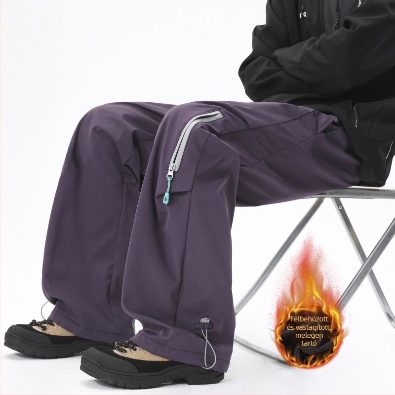 Férfi straight cargo nadrág fleece-belelt, poliészter keverék, középmagas derekú, övvel és kötős záródással