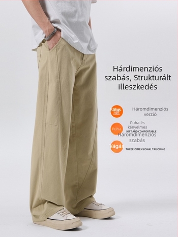 Férfiaknak készült 100% pamutból készült scimitar-stílusú laza, egyenes szabású, széles nadrág, középső derék, gombos zárás