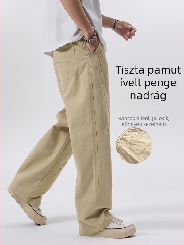 Férfiaknak készült 100% pamutból készült scimitar-stílusú laza, egyenes szabású, széles nadrág, középső derék, gombos zárás