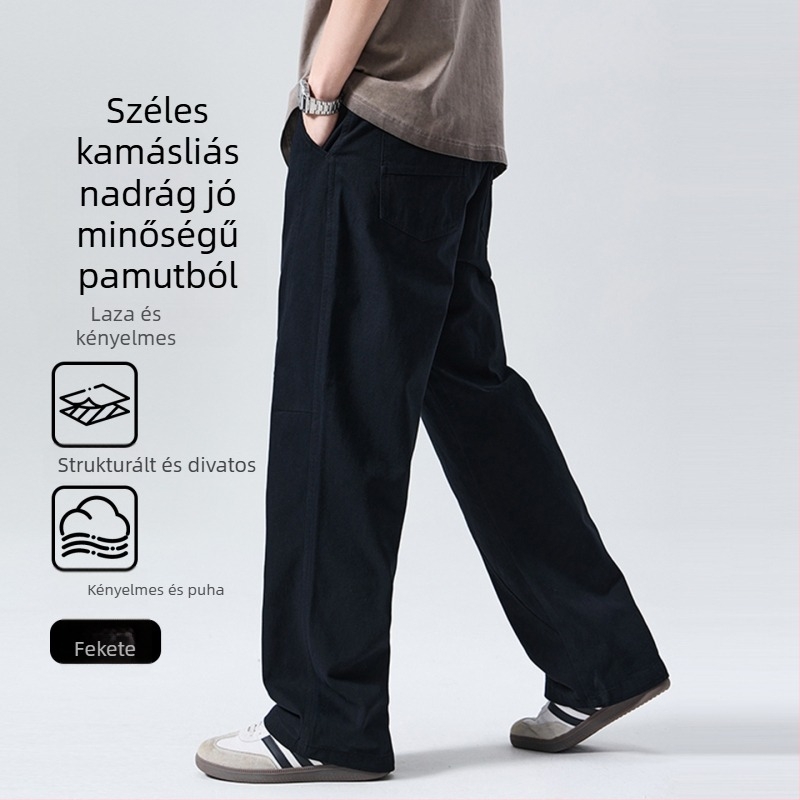Férfiaknak készült 100% pamutból készült scimitar-stílusú laza, egyenes szabású, széles nadrág, középső derék, gombos zárás