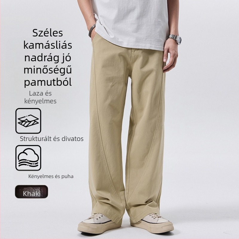 Férfiaknak készült 100% pamutból készült scimitar-stílusú laza, egyenes szabású, széles nadrág, középső derék, gombos zárás