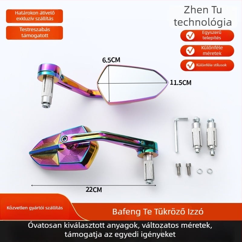 Univerzális kormánytükrös visszapillantó motorkerékpárokhoz és elektromos járművekhez, négyzet alakú tükör, alumínium‑ötvözet és műanyag burkolat, első és hátsó rögzítés