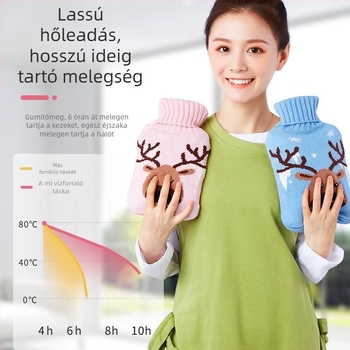 Gumiból készült vízzel töltött forróvíztáska, megvastagított és szivárgásmentes, kézre, hasra és lábra (tömeg 0.3 kg; anyag: gumi; felmelegítés módja: vízzel való feltöltés; alkalmazható részek: kezek, has, lábak)
