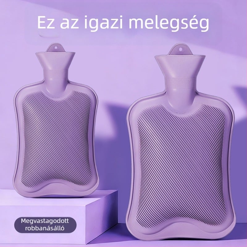 Gumiból készült vízzel töltött forróvíztáska, megvastagított és szivárgásmentes, kézre, hasra és lábra (tömeg 0.3 kg; anyag: gumi; felmelegítés módja: vízzel való feltöltés; alkalmazható részek: kezek, has, lábak)