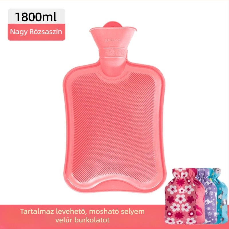 Gumiból készült vízzel töltött forróvíztáska, megvastagított és szivárgásmentes, kézre, hasra és lábra (tömeg 0.3 kg; anyag: gumi; felmelegítés módja: vízzel való feltöltés; alkalmazható részek: kezek, has, lábak)