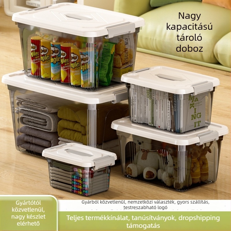 Háztartási műanyag tároló doboz – PP anyag, 10–20 L kapacitás, kerekekkel, kézzel vihető, fedél snap zárású