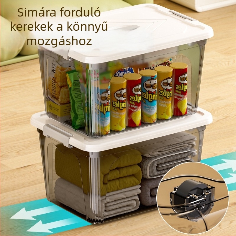 Háztartási műanyag tároló doboz – PP anyag, 10–20 L kapacitás, kerekekkel, kézzel vihető, fedél snap zárású