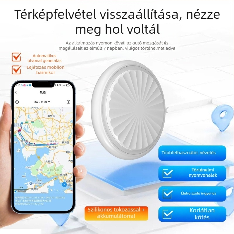GPS nyomkövető pontos helymeghatározással, Bluetooth helymeghatározással, vízálló, cserélhető akkumulátor, térkép navigáció