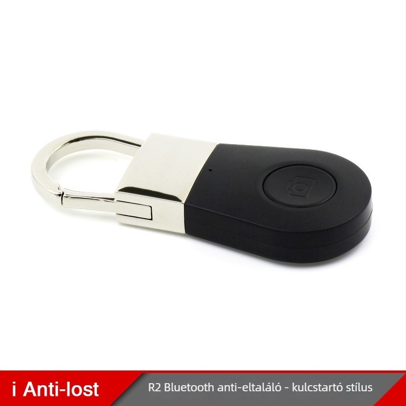Bluetooth nyomkövető kulcstartó térképes helymeghatározással és kétirányú riasztással — modell R2, Bluetooth 4.0, 10 m hatótávolság, 240 mAh akkumulátor, tömeg 25 g