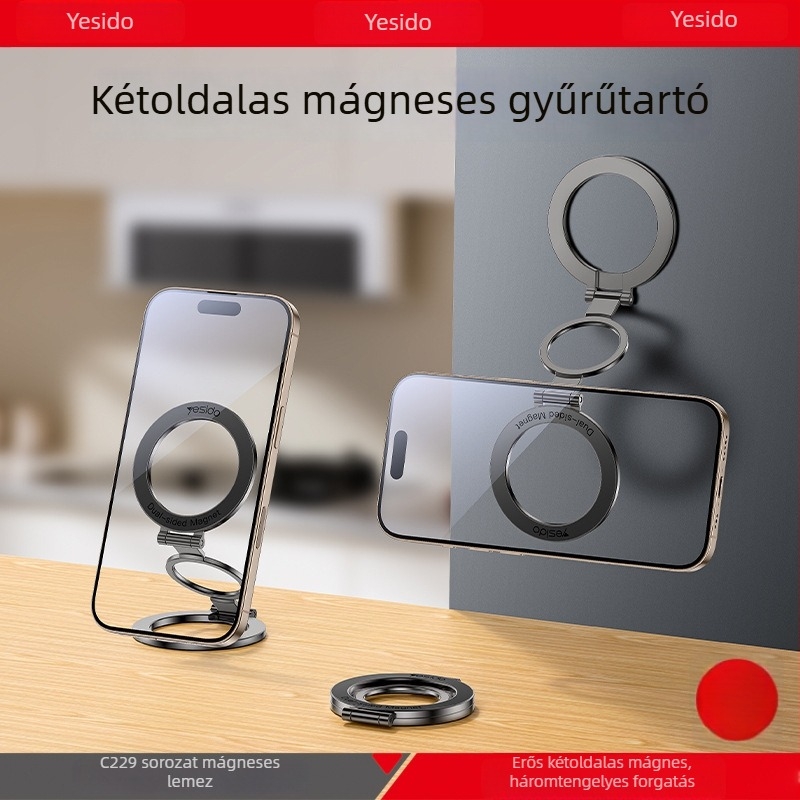 Yesido kétoldalas mágneses gyűrűs telefon-tartó, összecsukható asztali használatra, cinkötvözetből