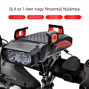 Kerékpár elötti lámpa 4 az 1-ben telefontartóval, hangszóróval és USB külső akkumulátorral