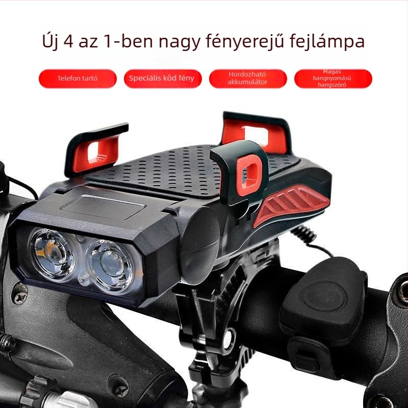 Kerékpár elötti lámpa 4 az 1-ben telefontartóval, hangszóróval és USB külső akkumulátorral