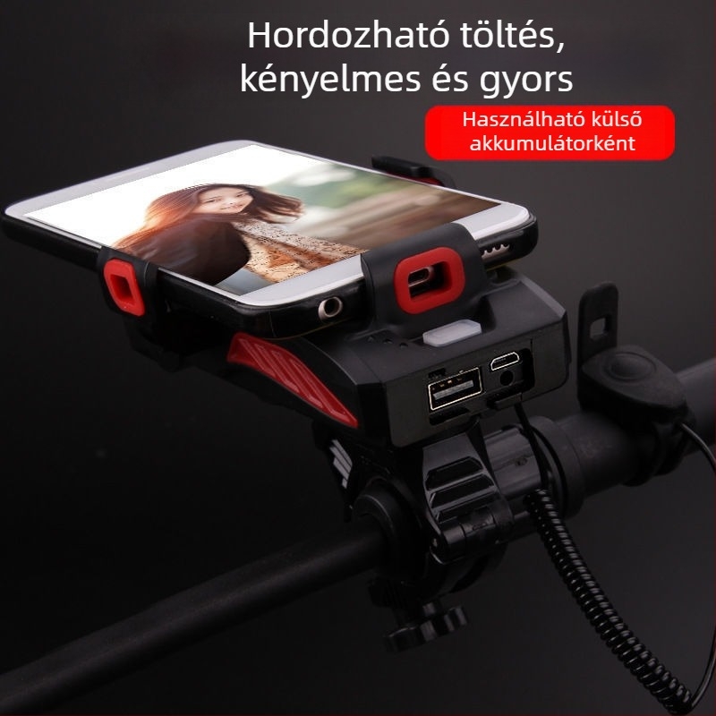 Kerékpár elötti lámpa 4 az 1-ben telefontartóval, hangszóróval és USB külső akkumulátorral