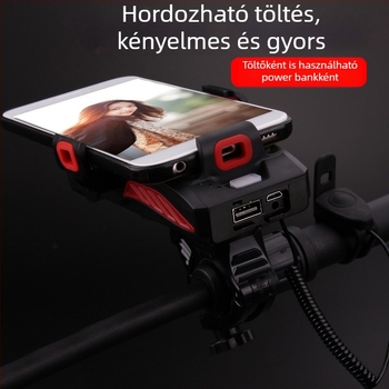 4 az 1-ben kerékpárvilágítás: első lámpa, telefon-tartó, kürt és beépített töltő, 360°-os forgás