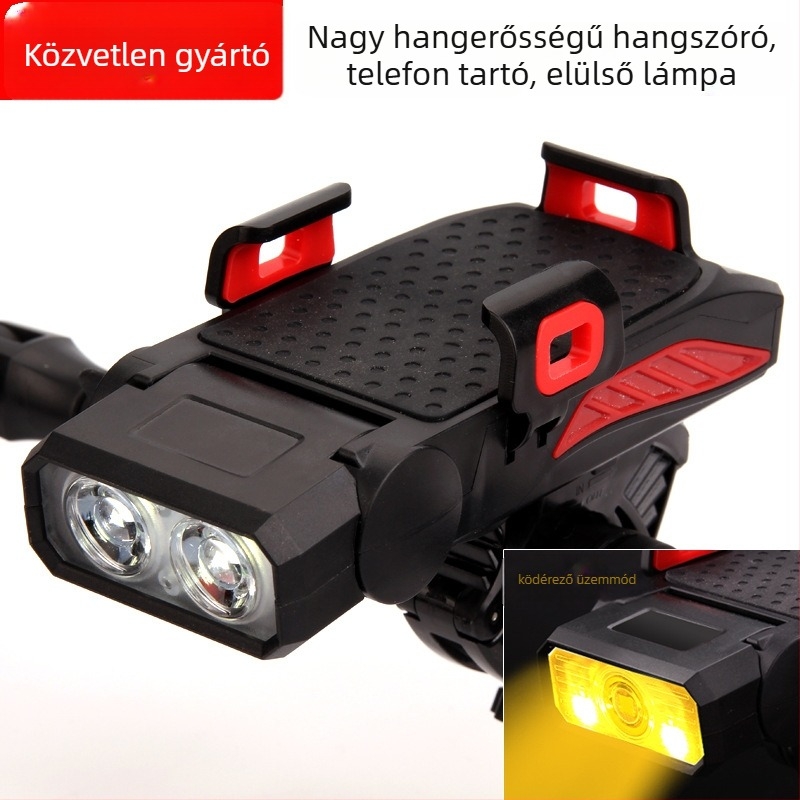 4 az 1-ben kerékpárvilágítás: első lámpa, telefon-tartó, kürt és beépített töltő, 360°-os forgás