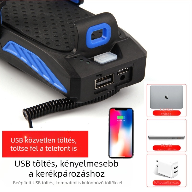 4 az 1-ben kerékpárvilágítás: első lámpa, telefon-tartó, kürt és beépített töltő, 360°-os forgás