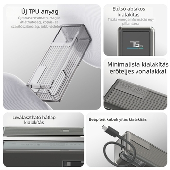 Xiaomi 165W beépített kábellel használható TPU védőtok power bankhez, átlátszó design, 10000mAh kapacitás, ütésálló, 100g tömeg