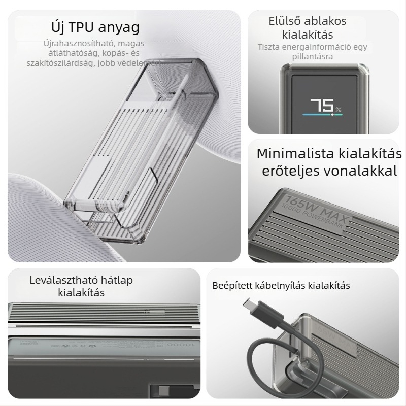 Xiaomi 165W beépített kábellel használható TPU védőtok power bankhez, átlátszó design, 10000mAh kapacitás, ütésálló, 100g tömeg