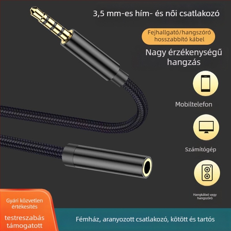 3,5 mm bővítő kábel, 4 mag, aranyozott csatlakozók, férfi–női csatlakozás, réz vezető digitális eszközökhöz
