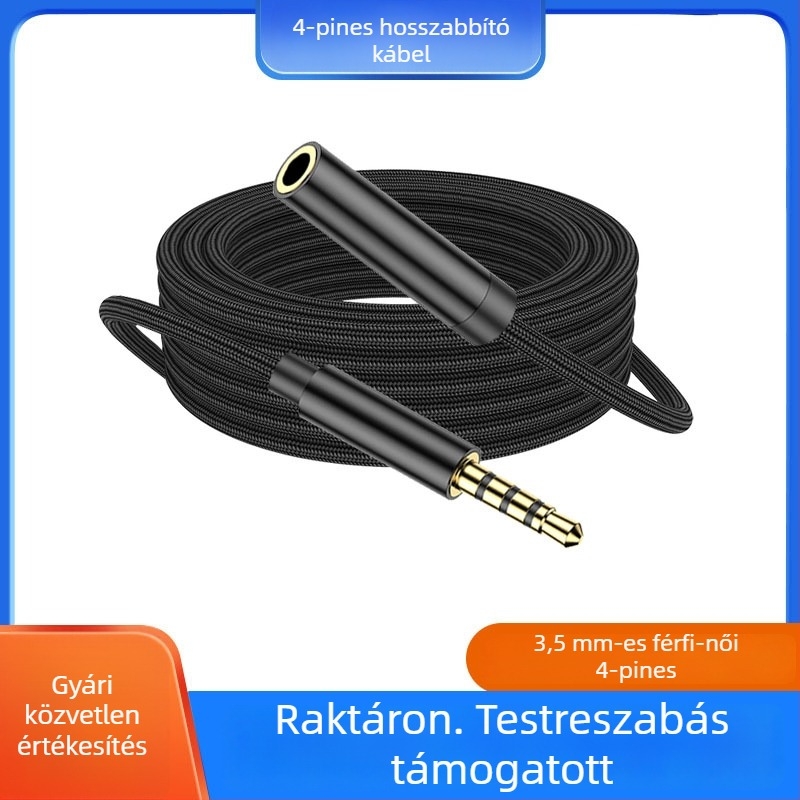 3,5 mm bővítő kábel, 4 mag, aranyozott csatlakozók, férfi–női csatlakozás, réz vezető digitális eszközökhöz