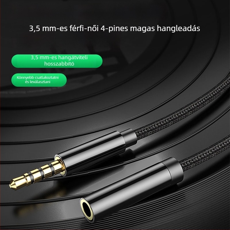 3,5 mm bővítő kábel, 4 mag, aranyozott csatlakozók, férfi–női csatlakozás, réz vezető digitális eszközökhöz