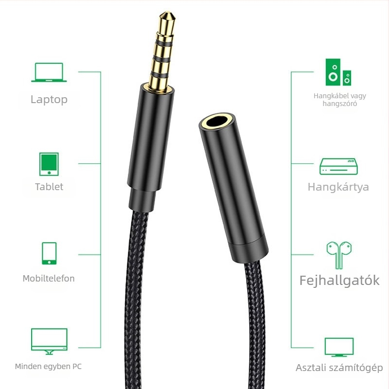 3,5 mm bővítő kábel, 4 mag, aranyozott csatlakozók, férfi–női csatlakozás, réz vezető digitális eszközökhöz