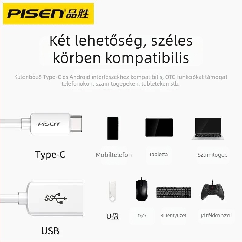 Pisen OTG Type-C USB 3.0 adapterkábel Android telefonokhoz és táblagépekhez, USB 3.0 adatátvitel, PC+ABS