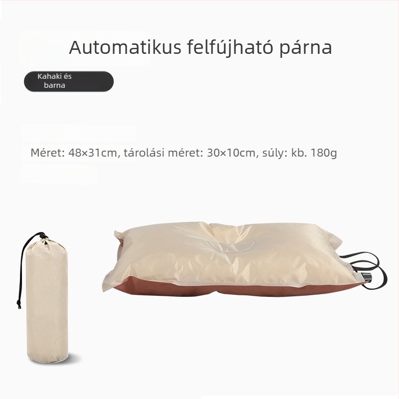 Önfelfújható téglalap alakú utazó párna elasztikus szövettel, 10 cm vastagság, 250 g tömeg