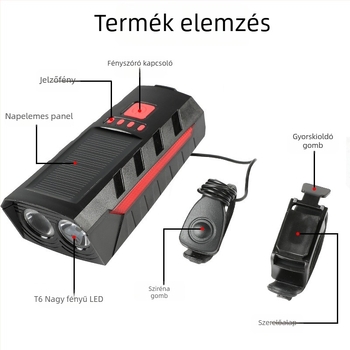 Napelemes kettős fejű kerékpár kürt, első lámpával, USB töltéssel, magas decibelű riasztó hang