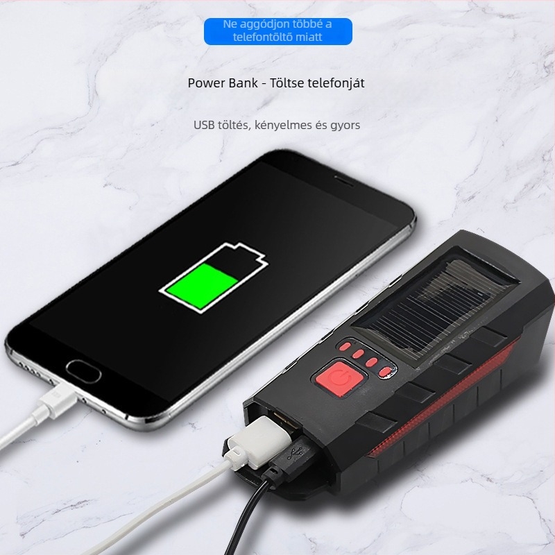 Napelemes kettős fejű kerékpár kürt, első lámpával, USB töltéssel, magas decibelű riasztó hang