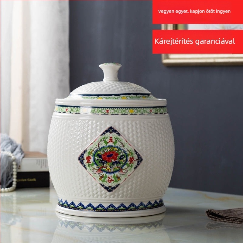 Kerámiás rizstároló edény fedővel – nedvességálló, rizs tároló, kapacitás 5L/10L/20L/25L/30 jin