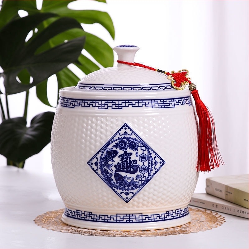 Kerámiás rizstároló edény fedővel – nedvességálló, rizs tároló, kapacitás 5L/10L/20L/25L/30 jin