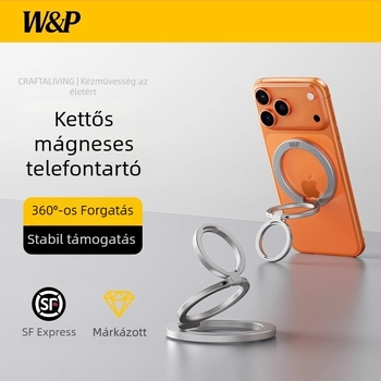 W&P Kétgyűrűs mágneses telefon-tartó, 360°-ban forgó gyűrű, MagSafe hátlap, ötvözet