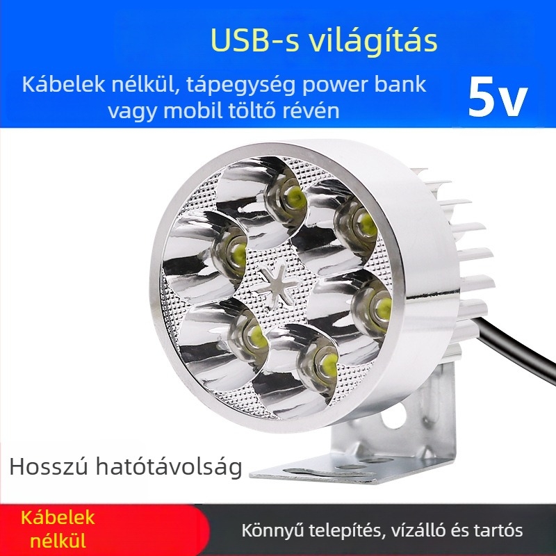 Kerékpár lámpa USB töltőporttal és LED spotfénnyel, nagy fényerő, kemping világítás