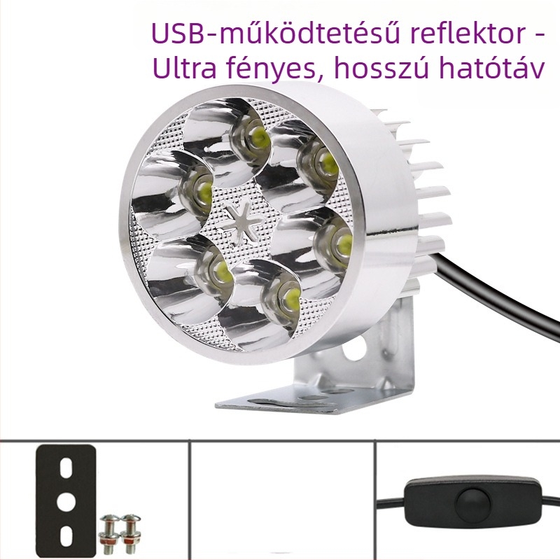 Kerékpár lámpa USB töltőporttal és LED spotfénnyel, nagy fényerő, kemping világítás